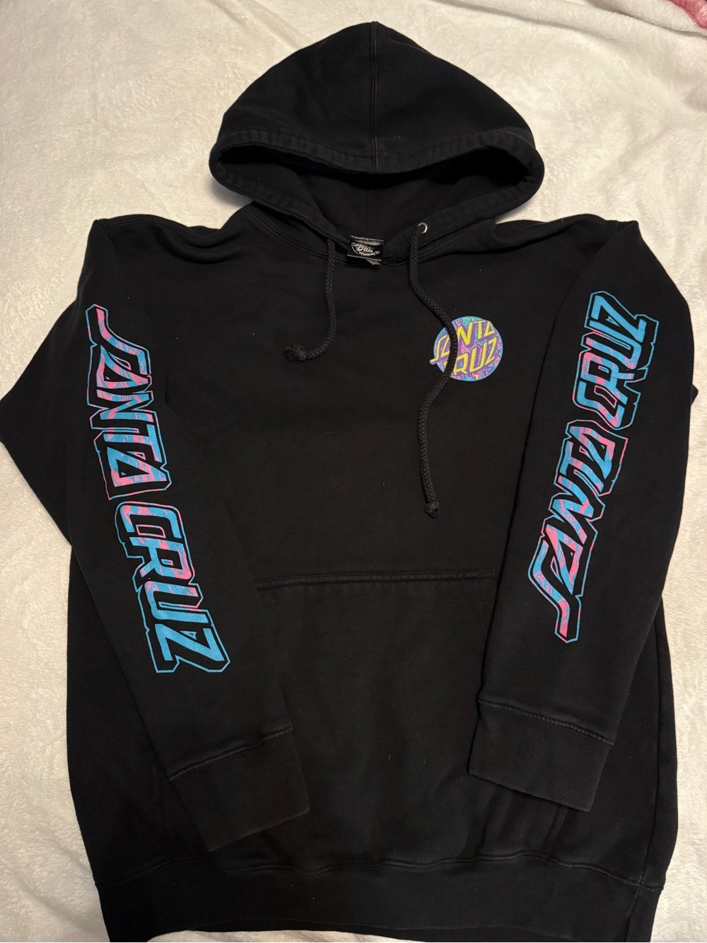 Santa Cruz Skateboards Black Hoodie with Blue and Pink Sleeve Logos